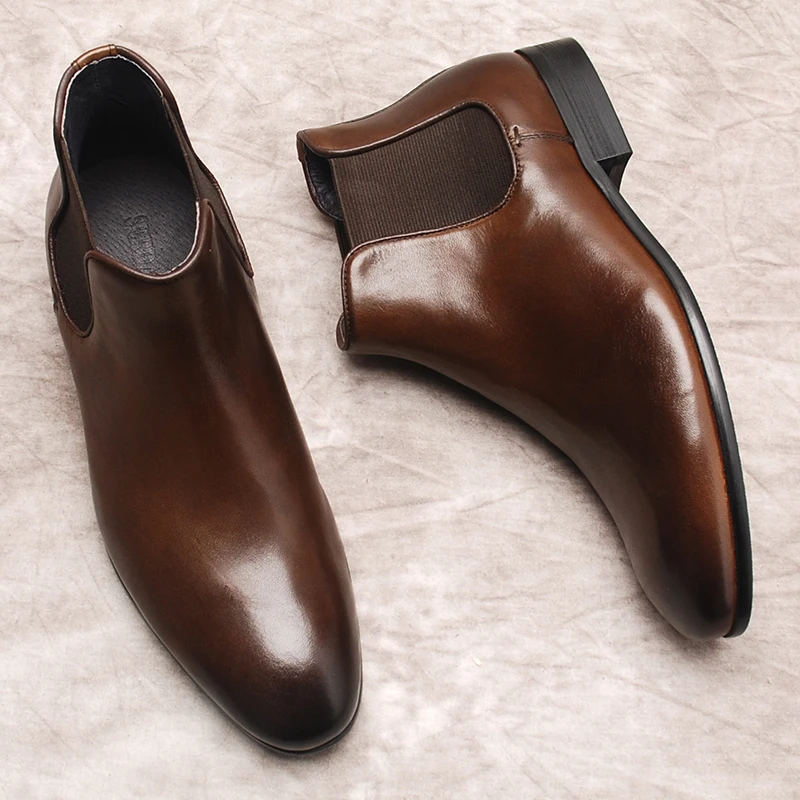 

Ботильоны мужские из натуральной кожи, Классические ботинки челси, без застежки, итальянские деловые, черные, коричневые, Осенняя обувь