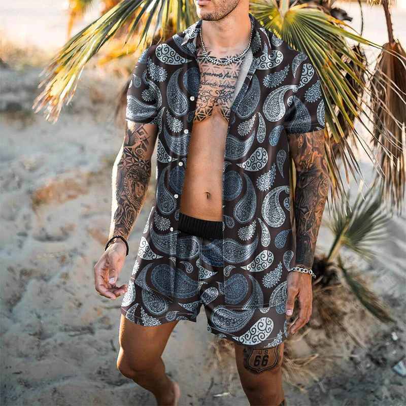 

Summer Bohemia Print Short Sleeve Shirt Beach Button Shorts Holiday Men's Two Piece Suit Cardigan High Quality Men Hawaiian Sets