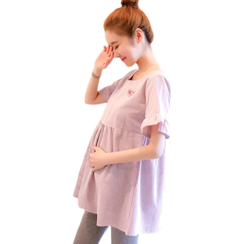 Рубашка в полоску для беременных с высокой талией и коротким Расклешенным