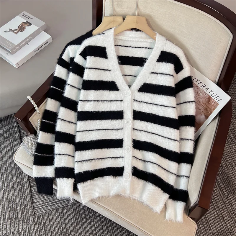 

Vintage Striped V-neck Knit Cardigan Sweater Women Long Sleeve Single-breasted Tops Knitwear Mohair Autumn Ladies Jumpers