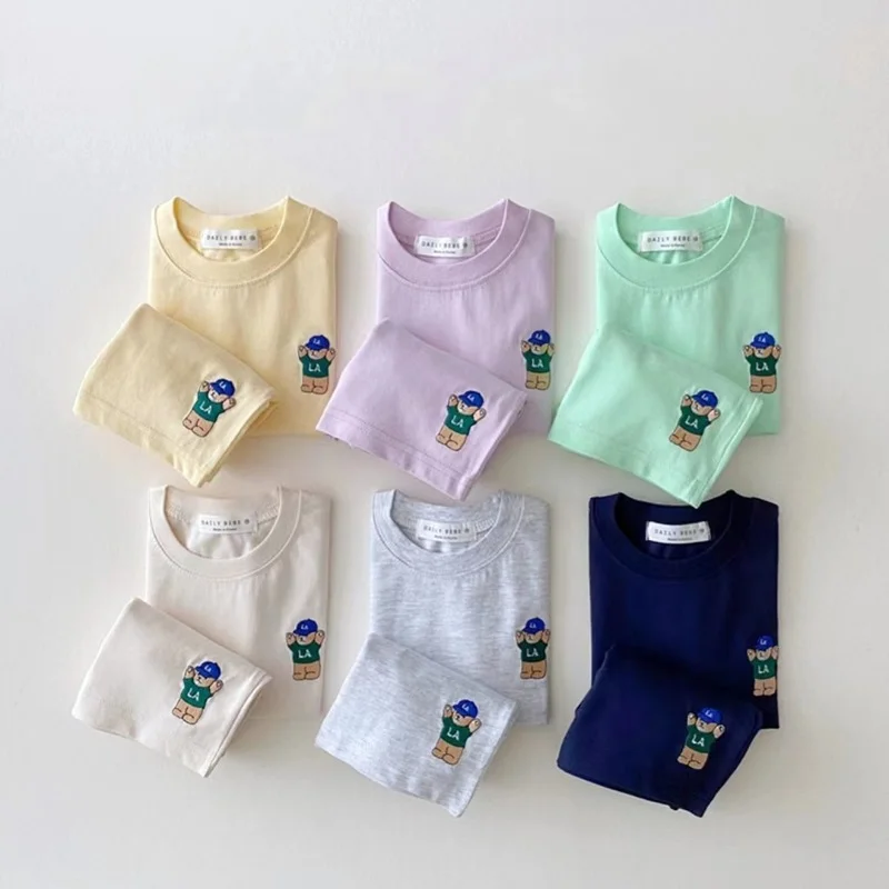 

Baby Boy Summer Clothes Set Korean Embroidered Bear Colorful Tees T shirts+Loose Shorts Suit 2PCS Pack Baby Girls Clothing Sets