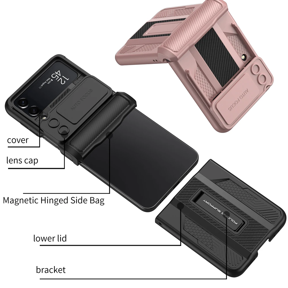 Slide Lens Cover Phone Case For Samsung Galaxy Z Flip 4 5G Magnetic Hinge Hard Armor Shock-proof With Bracket Shell For Z Flip 4