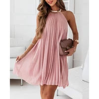 fashion lady halter chiffon pleated mini dress summer femme o neck sweet sleeveless casual women oversized solid color outfits