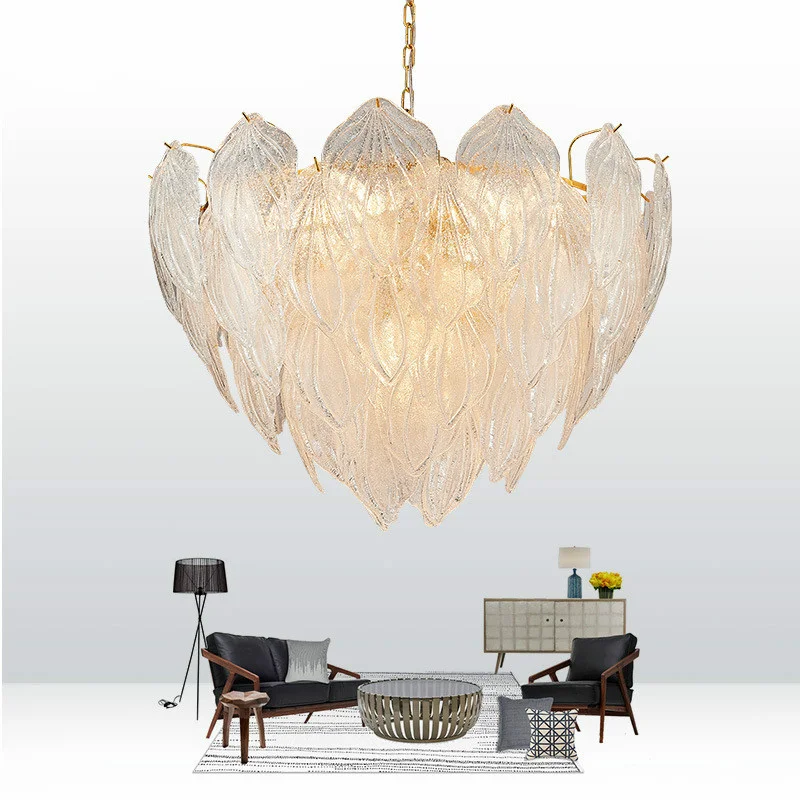 

Chandeliers Lights Post Modern Luxury Led Pendant Lamp Glass Leaf Shiny Gold Metal Led Pendant Foyer Chain Hanging Led Indoor