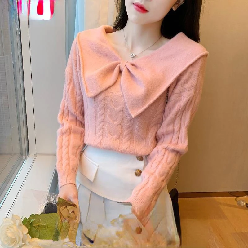 

Autumn Woman Knitted Doll Collar Sweater Female Bow Print Bow Loose Bottoming Shirt Ladies Casual Western Knitted Pullover G488
