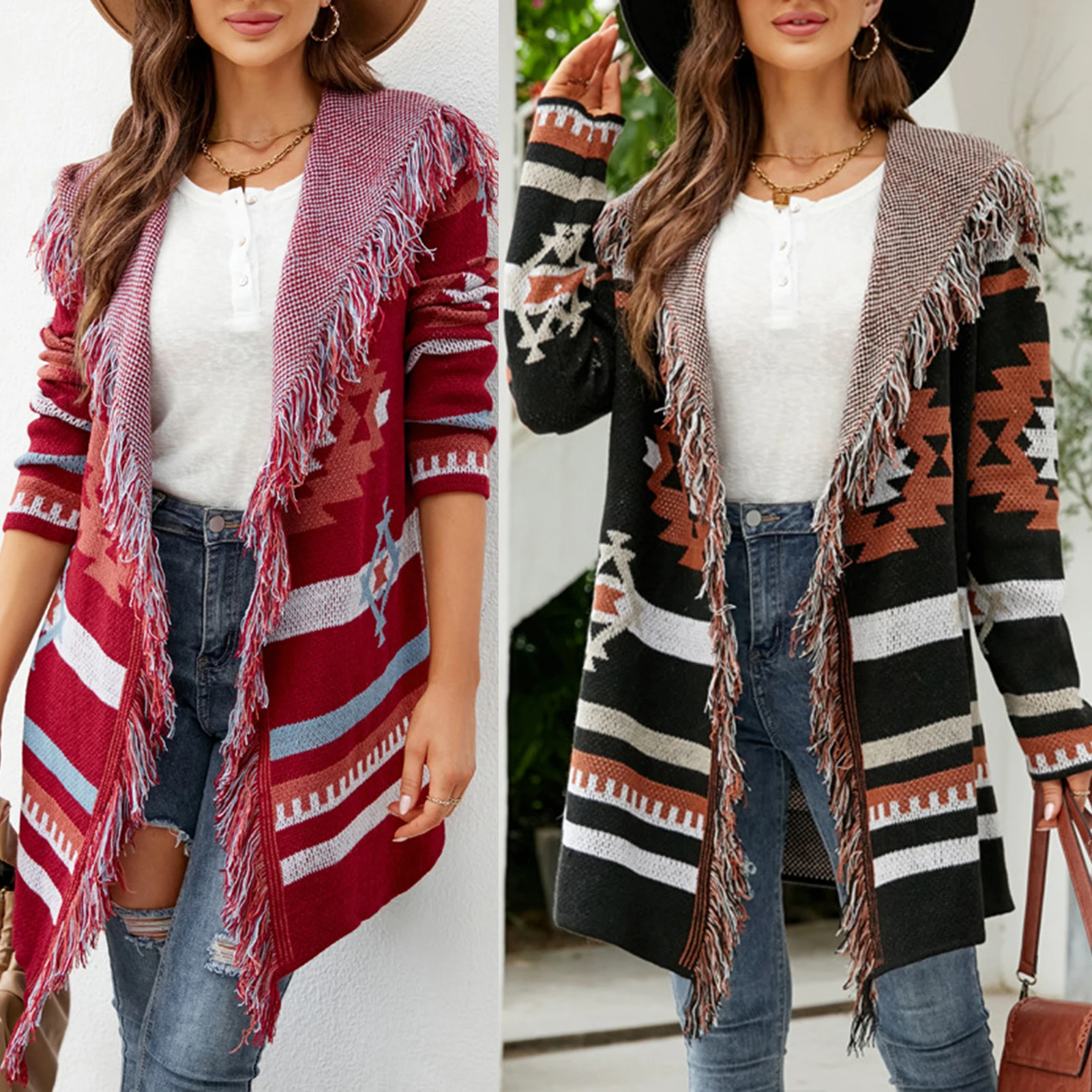 

Autumn/Winter Women's Clothing New Hooded Tassel Geometric Jacquard Loose Knitted Coat Acrylic Traf Casual Long Cardigan Sweater