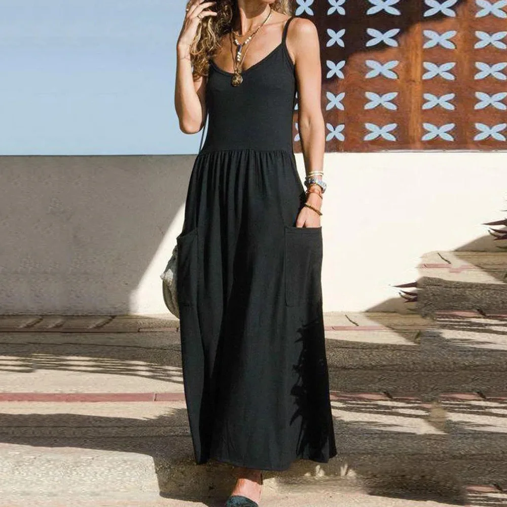 

2023 Summer Oversize Women's Long Dress Black Pockets Pleated A-line Loose Slip Dresses Female New Casual Fashion Ladies Clothes