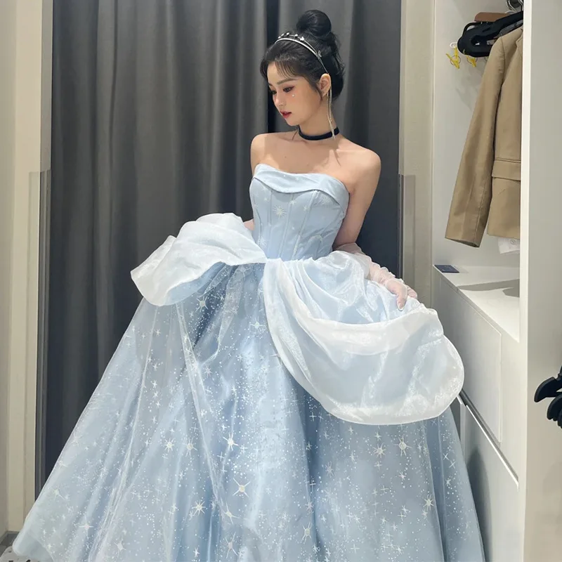 Sexy Tube Top Evening Dresses Princess Fairy Blue A Line Prom Party Gown Vestidos De Fiesta