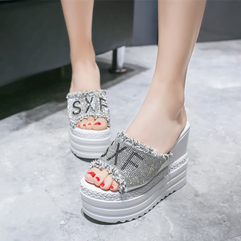 Summer Women Slipper 6cm Platform Non-slip Super High (8cm-up) Solid Wedges 13cm High Heels Ladies Slides Outside Female Shoes