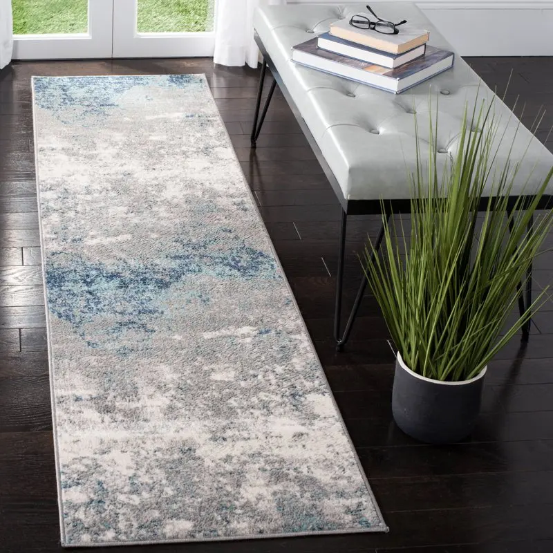 

Alaia Abstract Runner Rug, 2' x 18', Light Grey/Blue