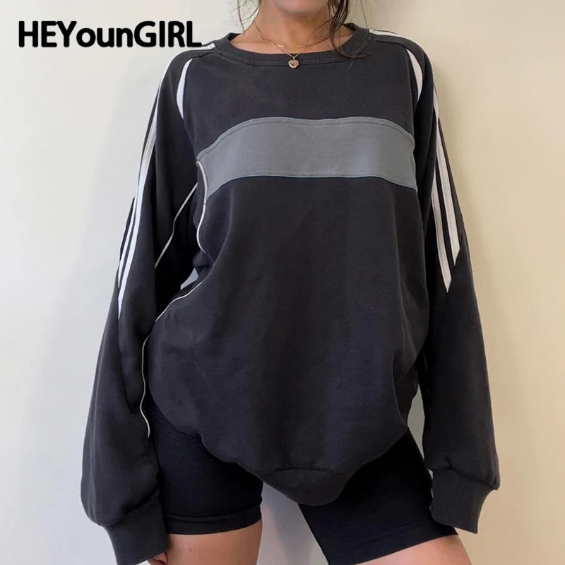 

HEYounGIRL Preppy Casual Oversized Top Contrast Color Y2K Retro Harajuku O Neck Loose Pullovers Basic Long Sleeve Sweatshirt