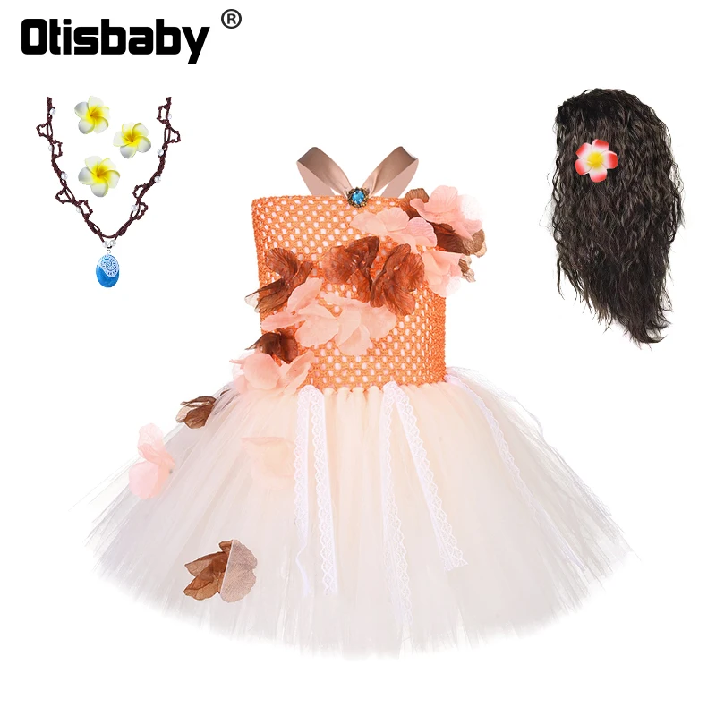 

2020 Children Lace Flowers Tulle Fancy Moana Princess Dress for Girls Party Tutu Dress Kids Sling Moana Prom Mesh Vest Dress Wig