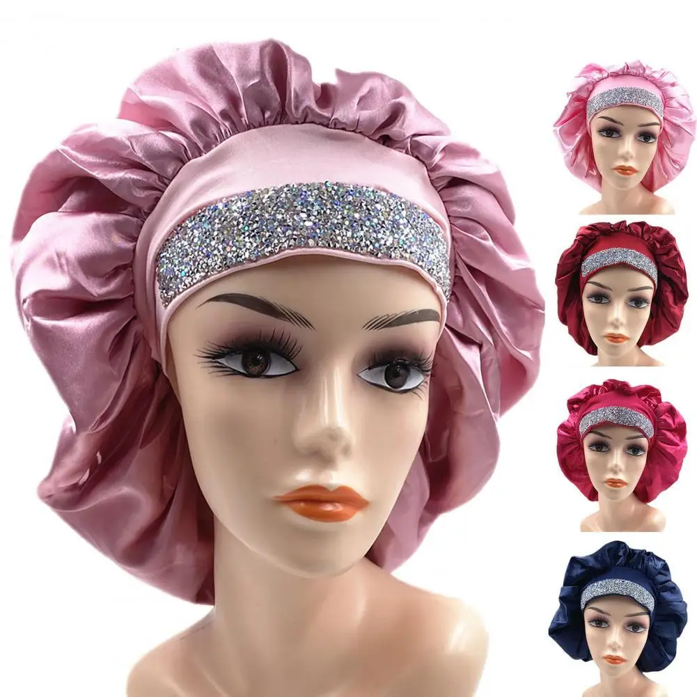 

Women Bath Bonnet Sleep Cap Luxury Rhinestone Women Hat Silk Bonnet Queen Satin Silk Head Wrap Makeup Caps Foldable Bathroom Cap