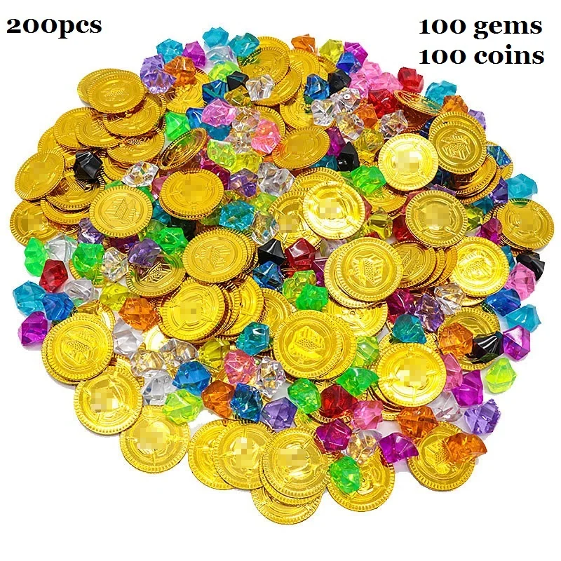 100pcs Gold Coins and 100 Pieces Gem Jewelry Treasure Toy Pirate Themed Event Party Favors Birthday Gift  Cosplay Props Carnival