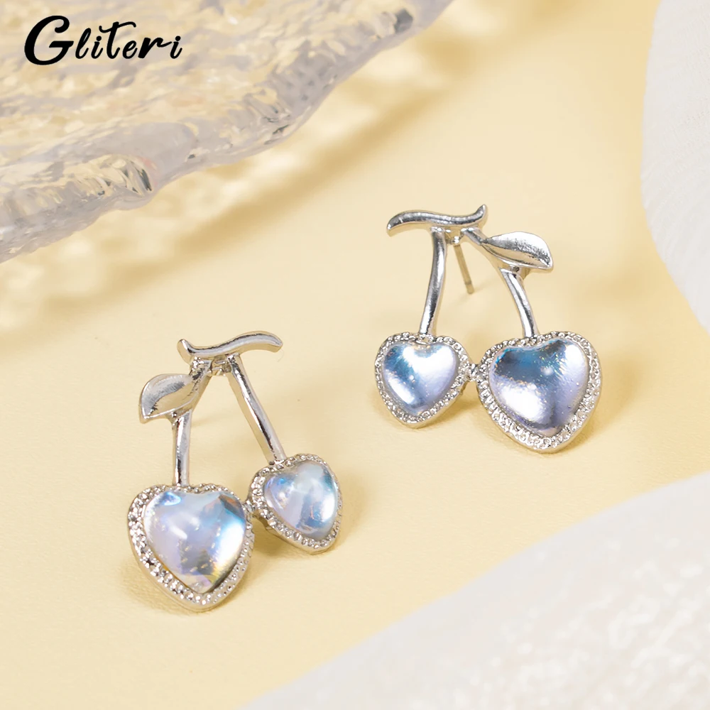 

GEITERI 1Pair INS Style Moonstone Cherry Stud Earrings For Women Girls Silver Color Crystal Heart Earring Trendy Jewelry Party