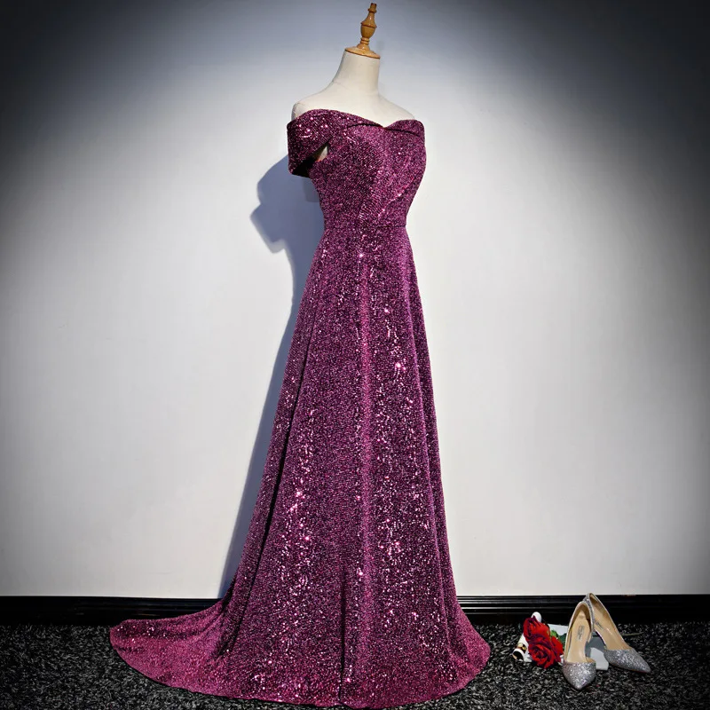 

2022 Boat Neck Shinning Sequins Evening Dresses Sexy Wine Red A Line Party Gowns Maxi Elegant Multi Female Robes Vestidos