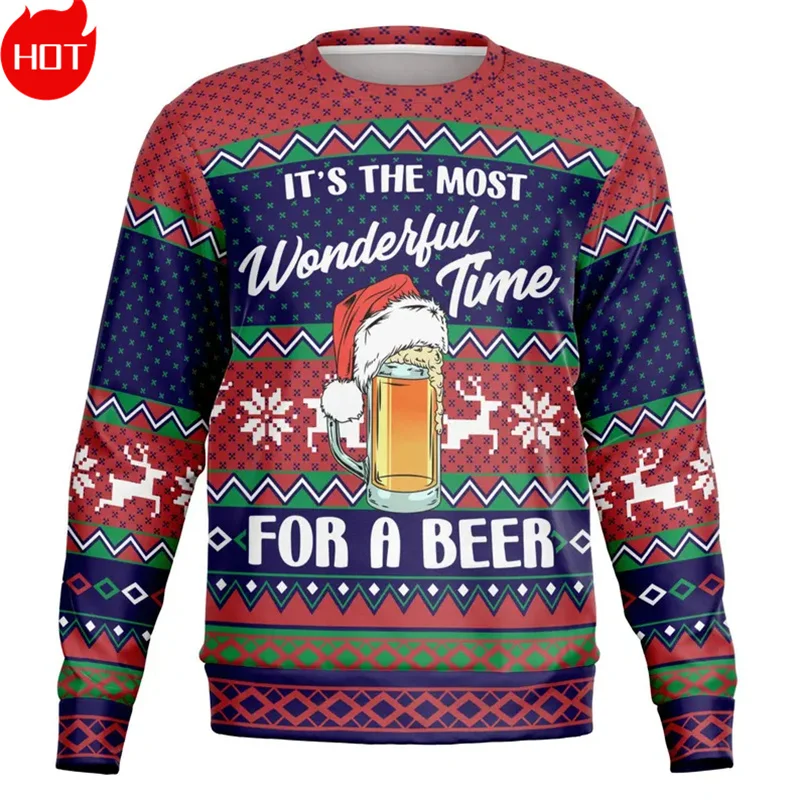 Merry Christmas 3D Printed Sweatshirts Happy Drink Beers Graphic Ugly Sweaters Fashion New In Mens Clothing