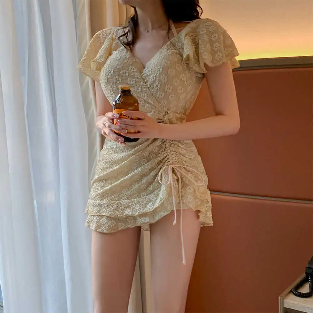 

2023 One Piece Swimsuit Women Conservative Small Breast Gathered Skirt Short Sleeve Fairy Style Small Fresh Hot Spring Swimsuit