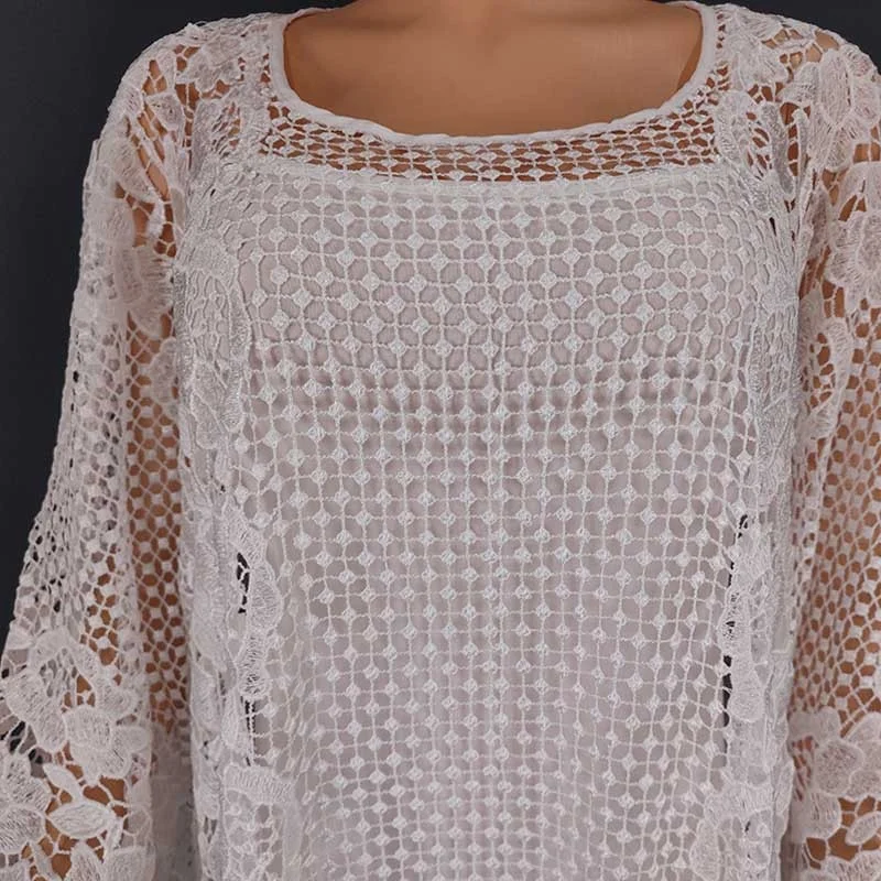 Plus Size Women Clothing New Fashion Solid Color Hot Selling Water-soluble Lace Loose Long Big Hemline White Robe Large Dress