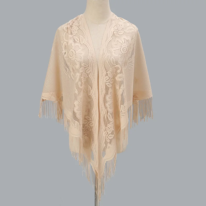 

New Hollowed Out Monochrome Breathable Tassel Triangle Women's Scarf Fashion Printing Korean Version Long Thin Female Shawl D50