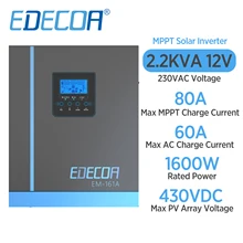EDECOA Hybrid Solar Inverter 12V 220V 230V 2.2KVA 1600W Built in 80A MPPT Solar Charger Controller Pure Sine Wave PV 90-430VDC
