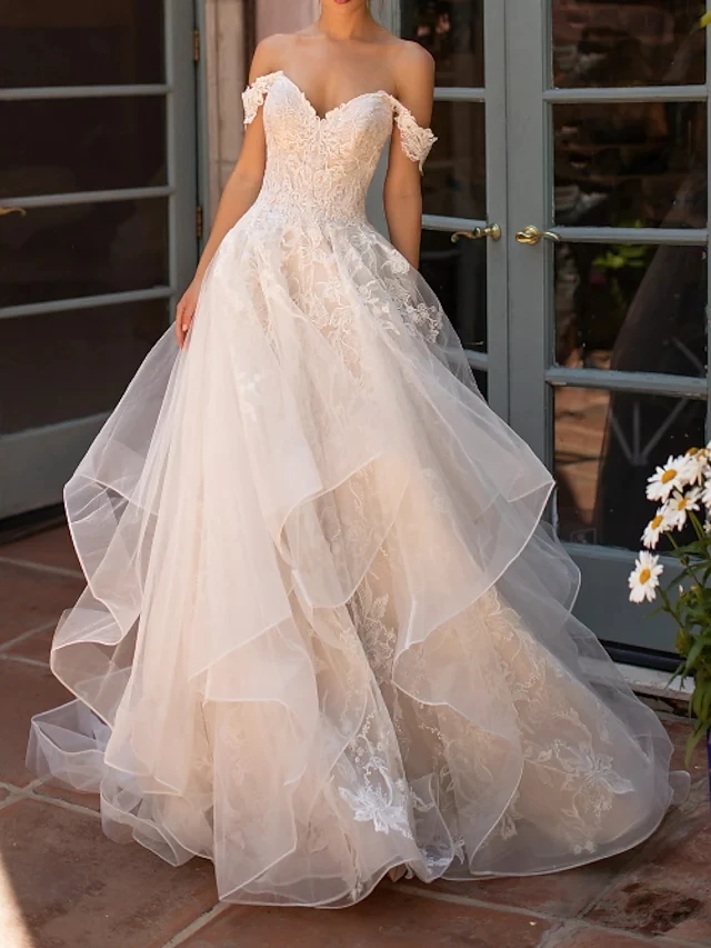 

A-Line Wedding Dresses Strapless Court Train Polyester Short Sleeve Formal Illusion Detail with Lace Insert Appliques