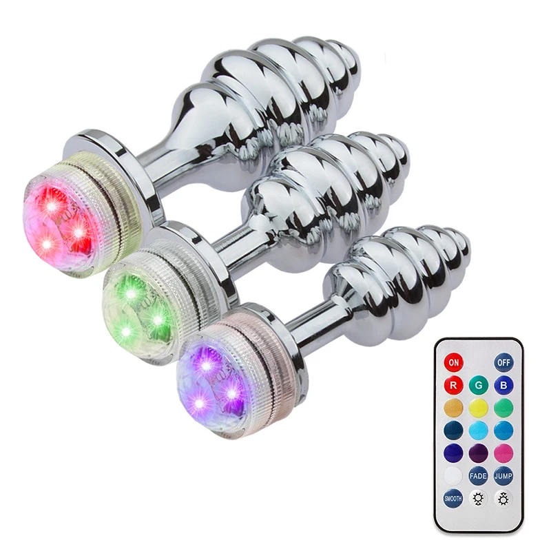 3 Sizes Remote Control LED Colorful Lights Zinc Alloy Thread Anal Plug Metal Butt Plug Fetish Couple Flirting Gay Adult Sex Toys