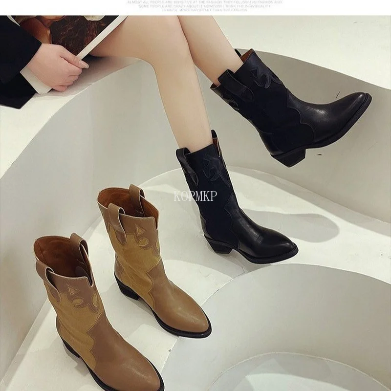 

Autumn Winter 2022 New Knight Boots Fashion Chunky Heel Woman Black Mid Calf WESTERN Booties Pumps Basic Zapato Mujer 35-43