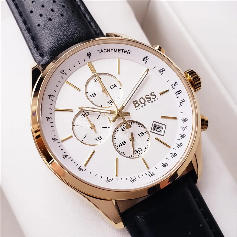 

Fashion Hugo Boss Businees Mens Watch Casual Dial Quartz Movement Auto Date Wateproof Wristwatch Belt Strap Colck