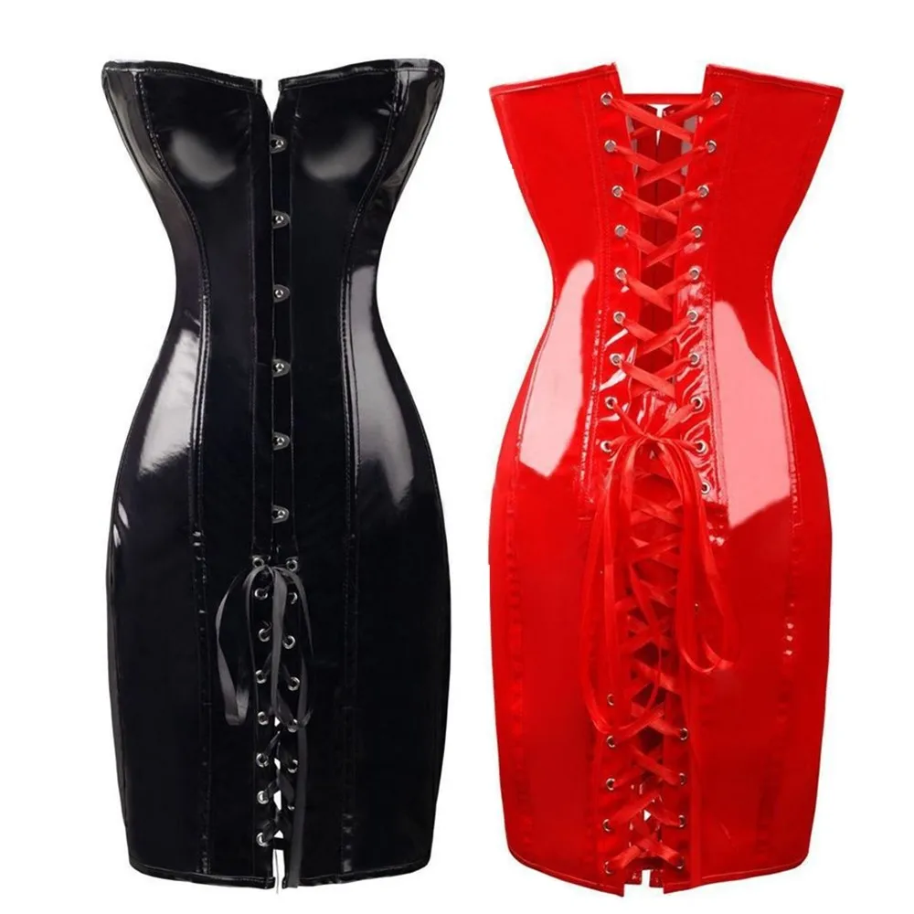 

Женское сексуальное платье-корсет из ПВХ в стиле стимпанк с гидроидом, длинное черное, красное тело, для ночного клуба, бара, латексный корсе...
