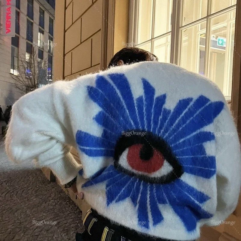 

Vintage Knitted Sweater Unisex American Hot Sweater Men Women Harajuku eye graphic Retro Cotton couple Pullover