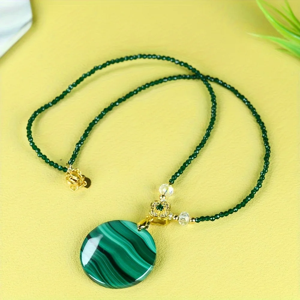Elegant malachite green pendant necklace with embellishment and round design - unplated double-sided