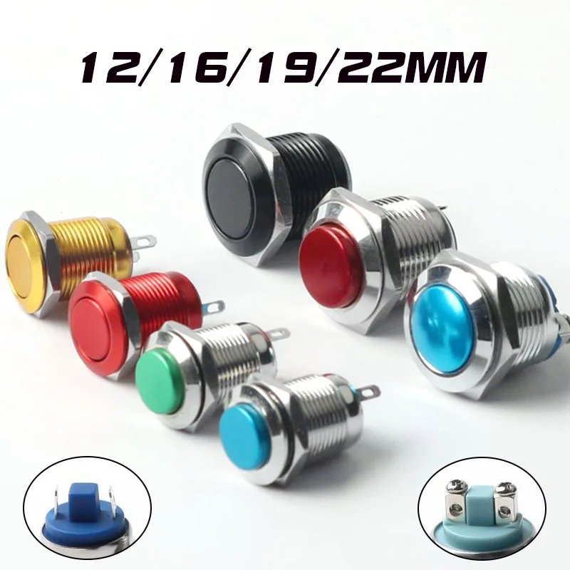 

12/16/19/22mm Waterproof Momentary Self Reset Metal Push Button Switch 1NO Screw Welding Foot Flat High Ball Head Red Blue Black