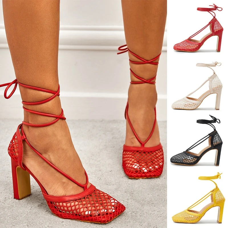 

2022 New Summer Women Sandals Fashion Square Toe Mesh Hollow Comfortable Breathable Strap Heels Cross-tied Thick Heel Dress Shoe