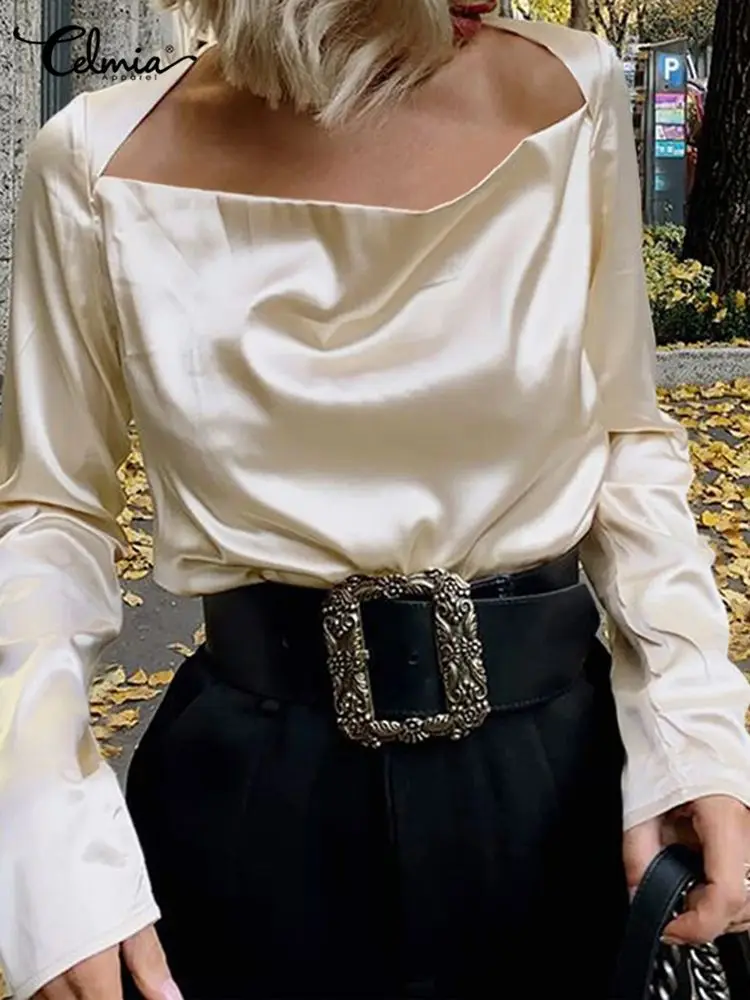 

Elegant Satin Blouses Celmia Fashion Long Sleeve Shirt Women Solid 2022 Summer Streetwear Casual Tops Slash Neck Loose Blusas