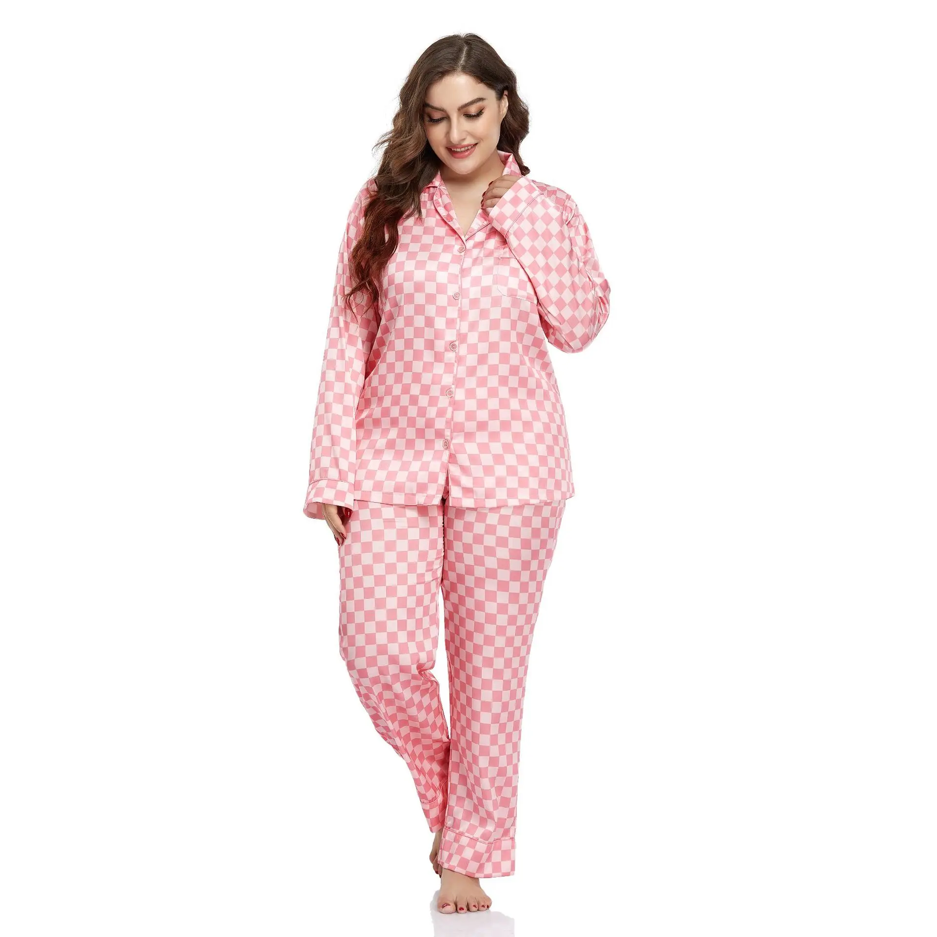 Ladies Plus Size Pajama Set Ladies Ice Silk Pajamas Homewear Cardigan Lapel Long Sleeve Pants Two Piece Set