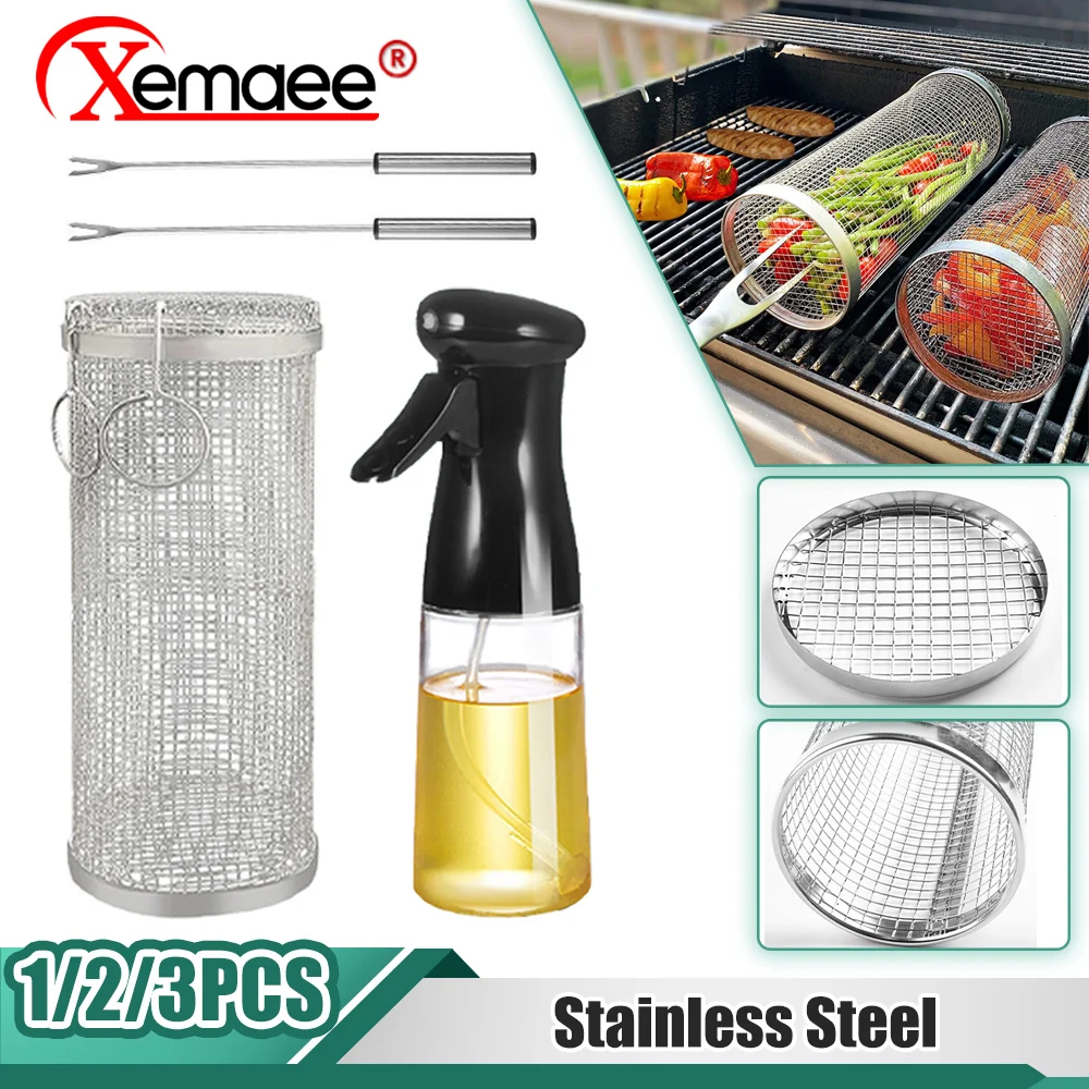 

Rolling Grilling Stainless Steel BBQ Cylinder Grill Basket Mesh Camping Picnic Roast Meat Cage Outdoor Portable Barbecue Rack