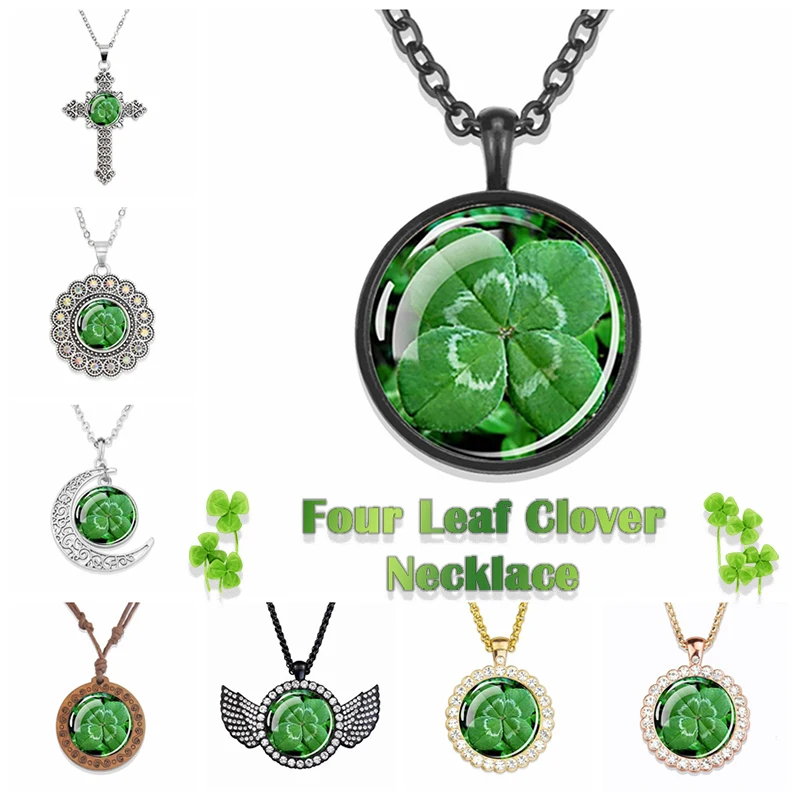 

Esspoc Ireland Four-leaf Clover Glass Dome Necklace St. Patrick Day Green Necklace for Women Men Gift Lucky Shamrock Jewelry