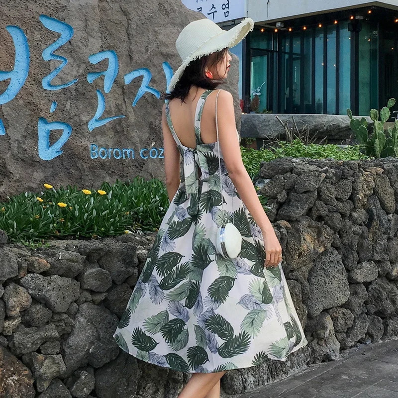 

Платье женское шифоновое средней длины с открытой спиной и принтом