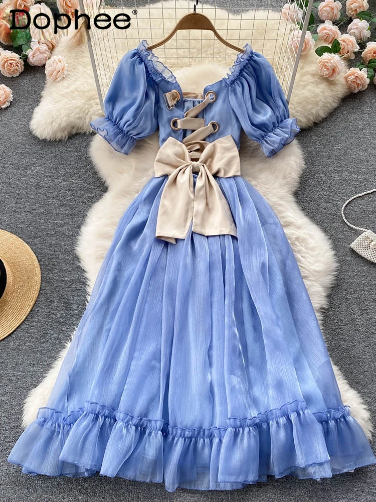 

Женское праздничное платье с бантом и оборками, привлекательное летнее платье с воротником-лодочкой и коротким рукавом, 2022