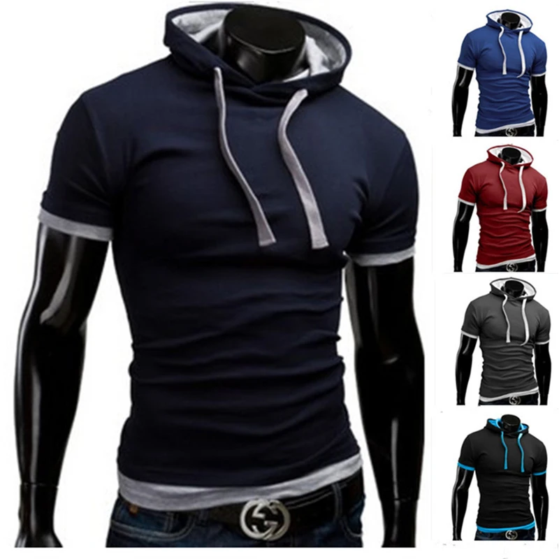 

Male Casual Solid Sports Top Men's Clothing Hooded Short Sleeve T-shirt Summer Urban Fashion Pullover B26