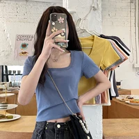 cotton short sleeve square neck t shirt womens summer 2022 new straight shoulder slim fitting short spicy girl top with thin in