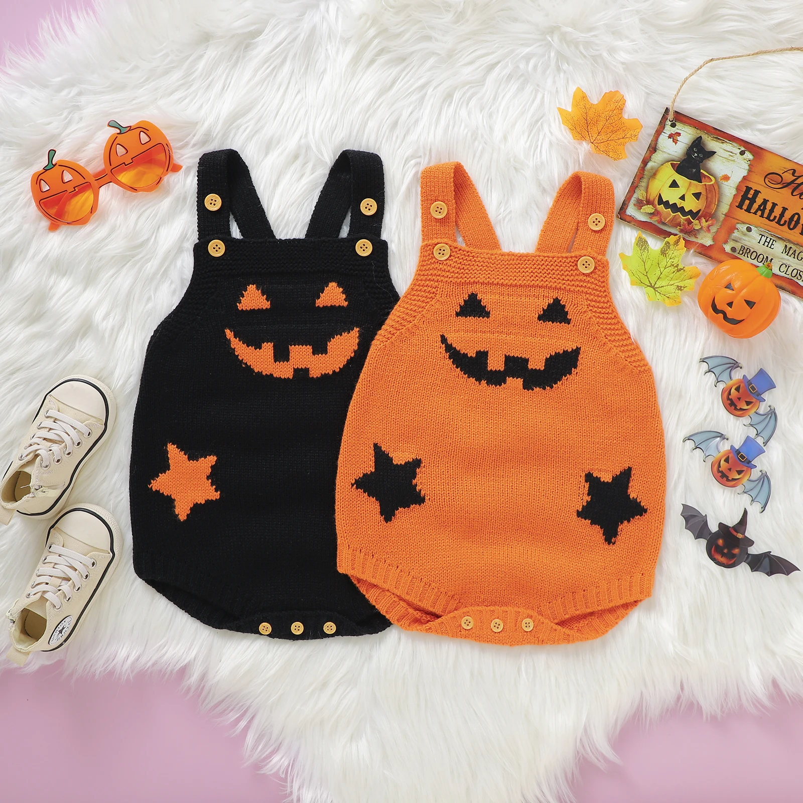 

Bmnmsl Baby Suspenders Jumpsuit Halloween Pumpkin Print Sleeveless Knit Romper for Newborn Infant Boy Girls Cute Clothes