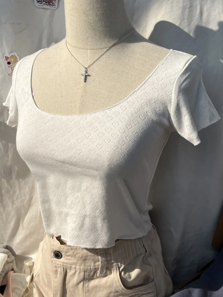 

Женский укороченный топ с вырезом-сердечком, белый Хлопковый винтажный топ с коротким рукавом и круглым вырезом, Y2k, лето 2023