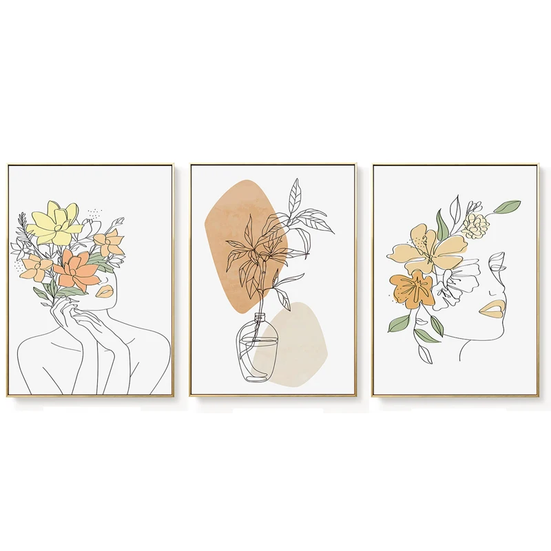 

Nordic Flower Woman Canvas Painting Abstract Face Lines with Plant Wall Art Posters and Prints Pictures for Room Home Decoration