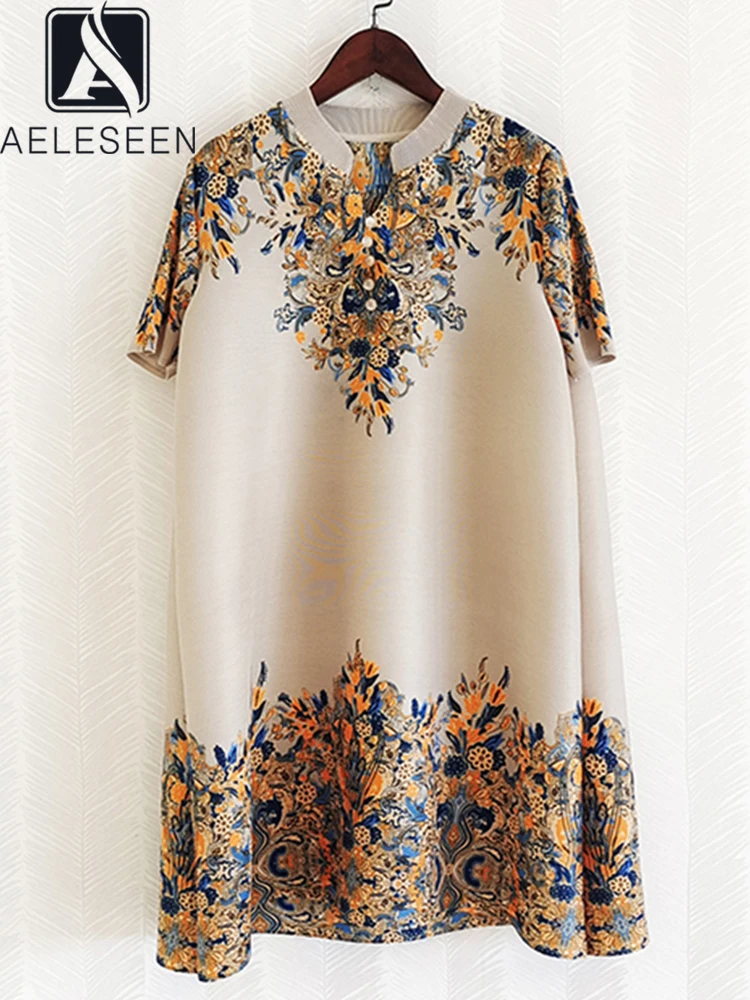 

AELESEEN 2022 Summer Vintage Casual Pleated Dress Women Placement Print Short Sleeve High Quality Loose Oversize Holiday