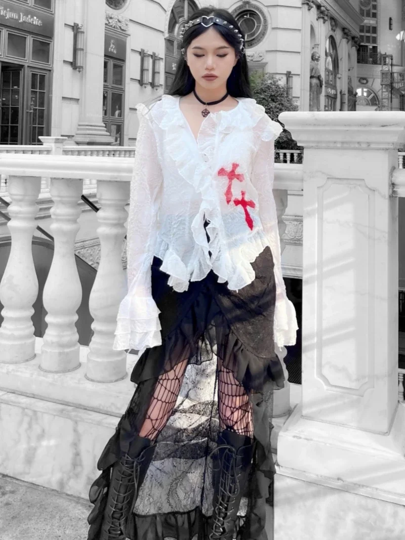 Винтажная белая рубашка с длинным рукавом в стиле панк уличная одежда для