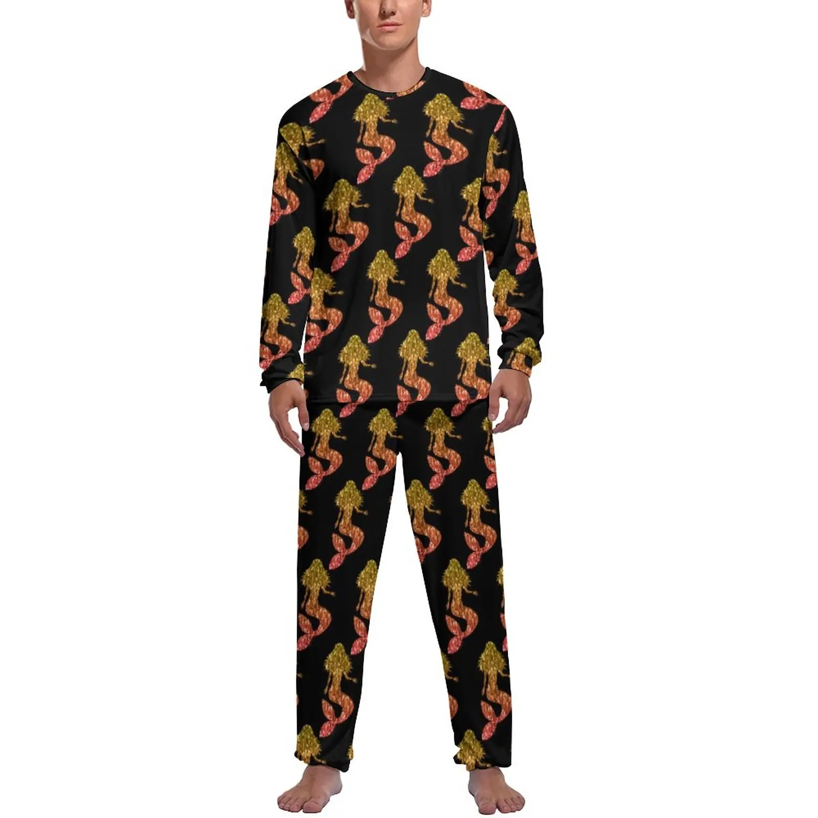 Cute Mermaid Pajamas Men Ombre Sparkles Print Cute Nightwear Spring Long Sleeve 2 Pieces Night Graphic Pajama Sets