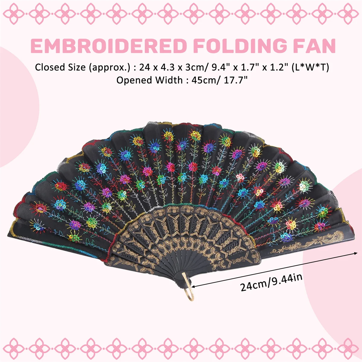 SODIAL(R) цветной Вышитый цветочный узор черный тканевый складной веер для женщин