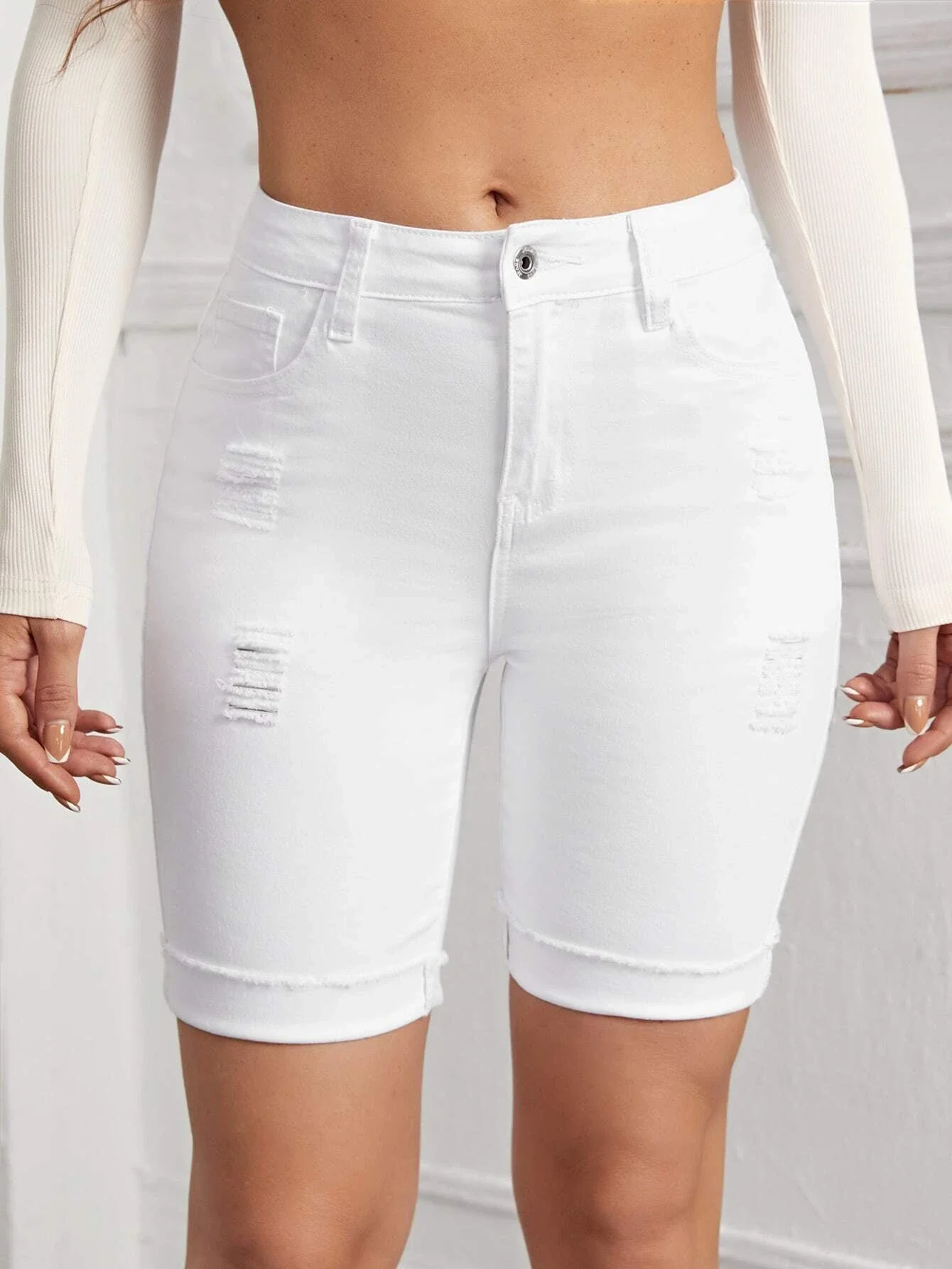 

Ripped Denim Biker Shorts